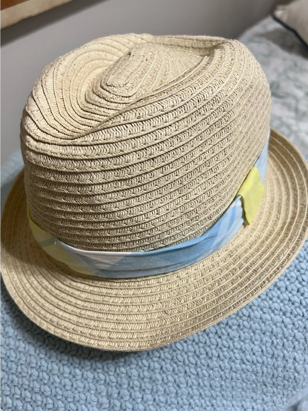 Kids Straw Fedora Hat with Blue & Yellow Band in EUC